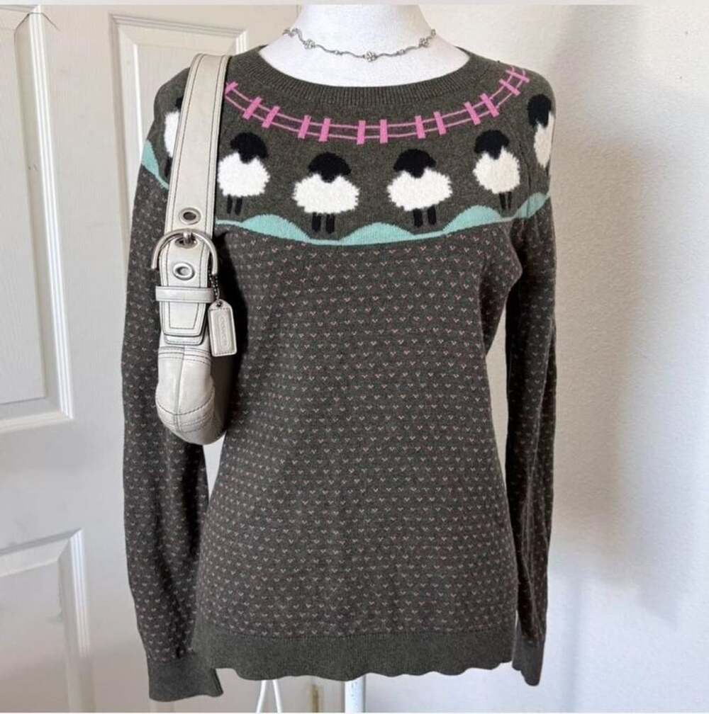 Talbots Sheep and Fence Jacquard Crewneck Pullover Sweater Size S
